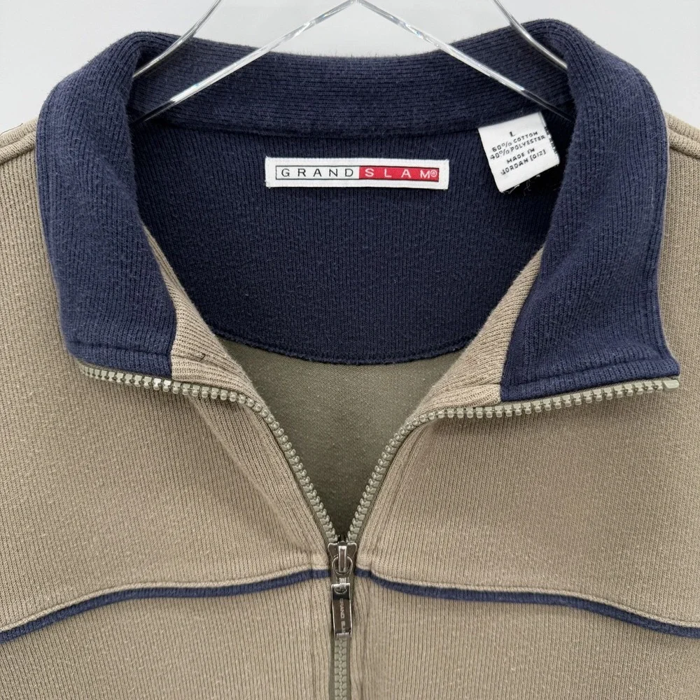 Y2K 90s Grand Slam Golf Pullover Sweater Mens Size L Taupe 1/4 Zip Pockets